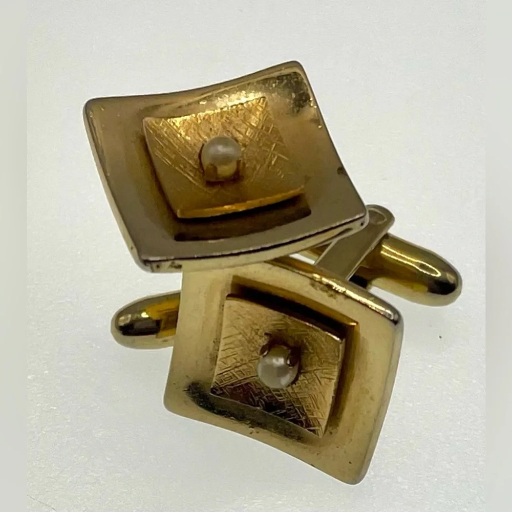 3 for $30 Vintage Signed Speidel USA Gold Tone Square Cufflinks Faux Pearl